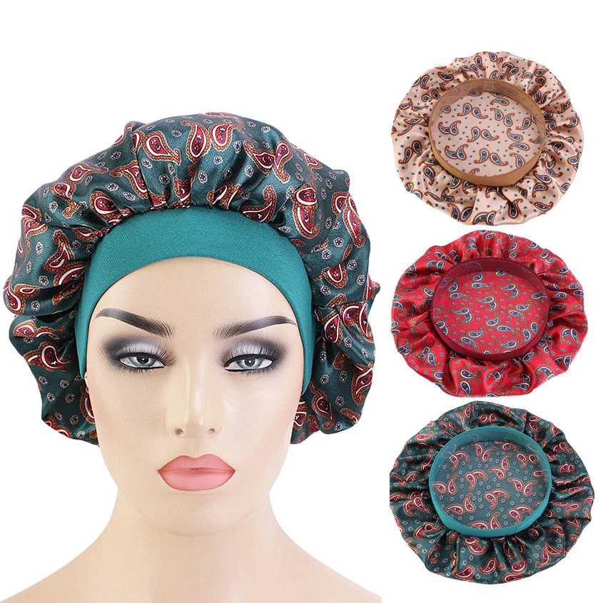New Satin Print Night Sleep Cap Women Stretch Wide Band Bonnet Hat Hair Care Headscarf Turban Sleeping Chemo Caps Headwear Hats