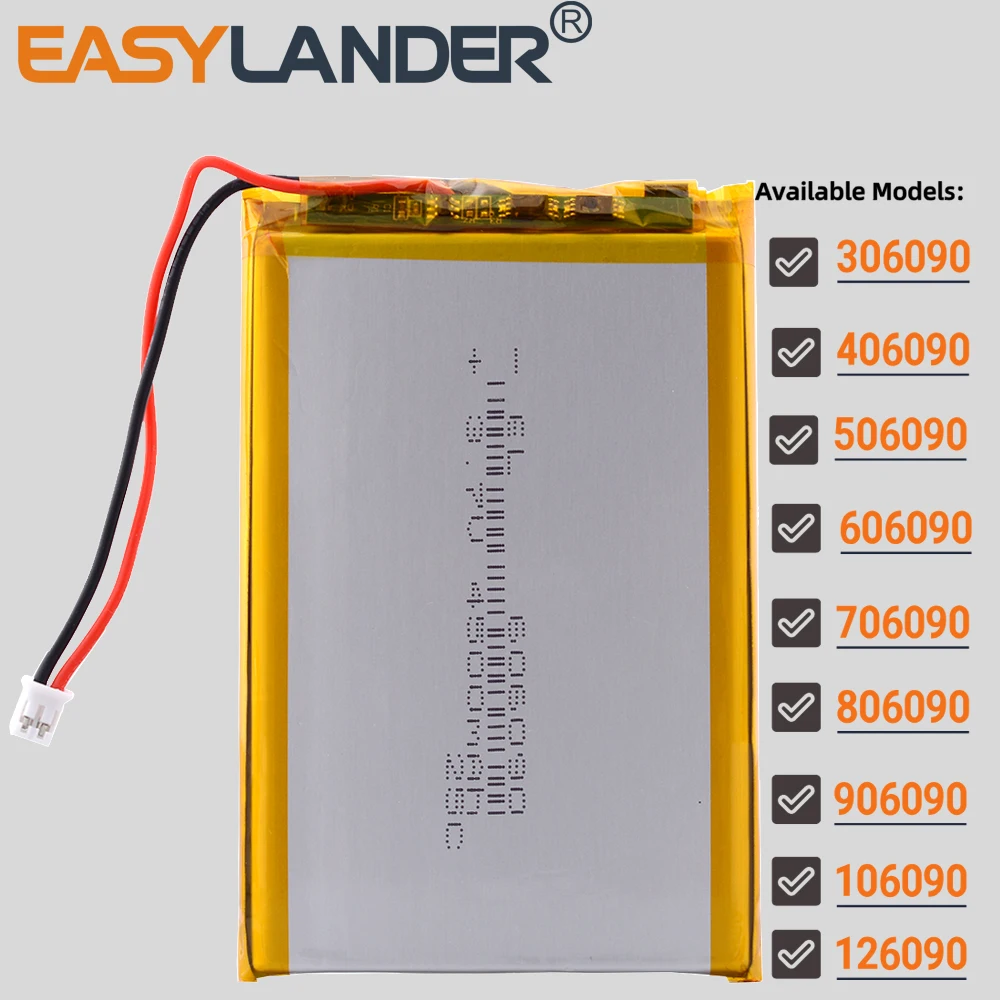 JST-PH 2.0mm 2Pin 3.7 6000mAh 906090 Lithium Li-ion Lipo Polymer Battery 306090 406090 506090 606090 706090 806090 106090 126090