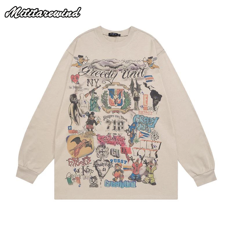 Men\'s High Street Hip Hop O-Neck Casual Cartoon Print Long Sleeve Sweaters Youth Streetwear Vintage Pure Cotton Autumn Pullovers