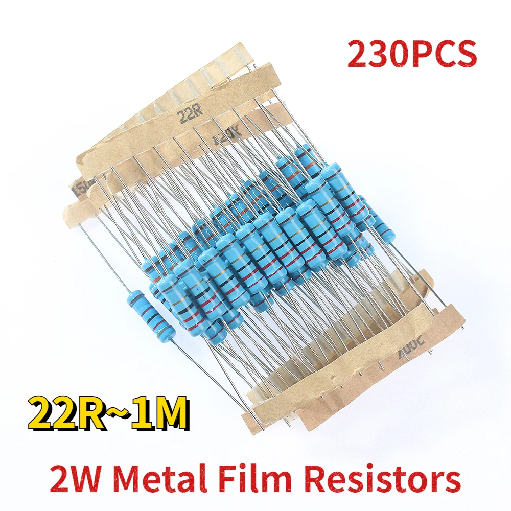 

230pcs 2W Resistance 1% Metal Film Resistors Assortment Kit 22R~1M 23 Value Set of Resistor 22R 51R 100R 1K 62K 82K 100K 120K