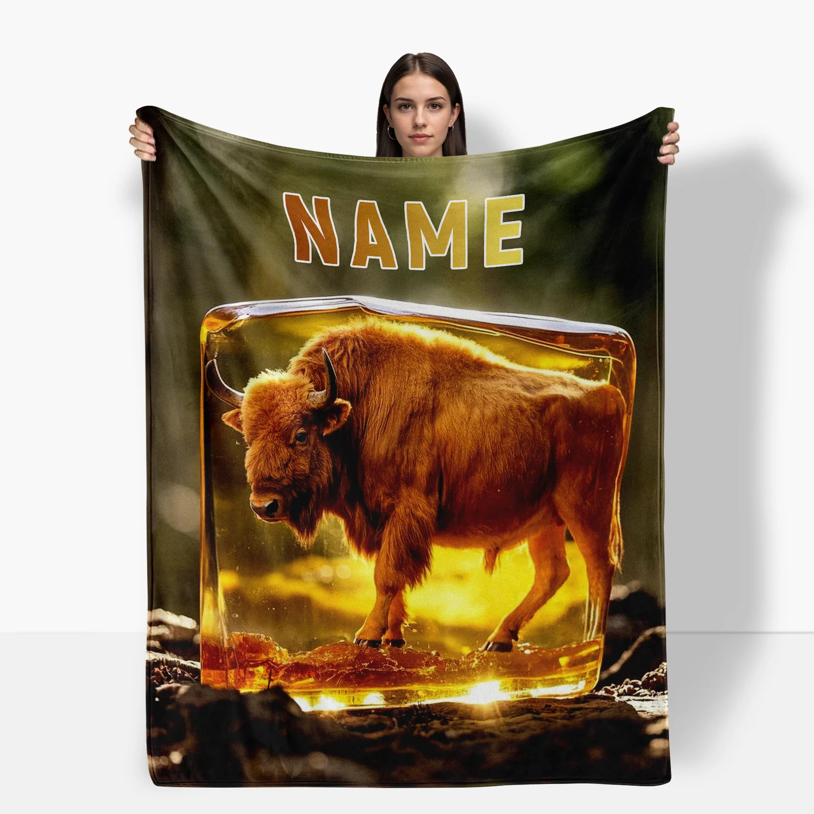 Unique Bison Amber Style Flannel Blanket Featuring Iconic Wildlife And One Customizable Character