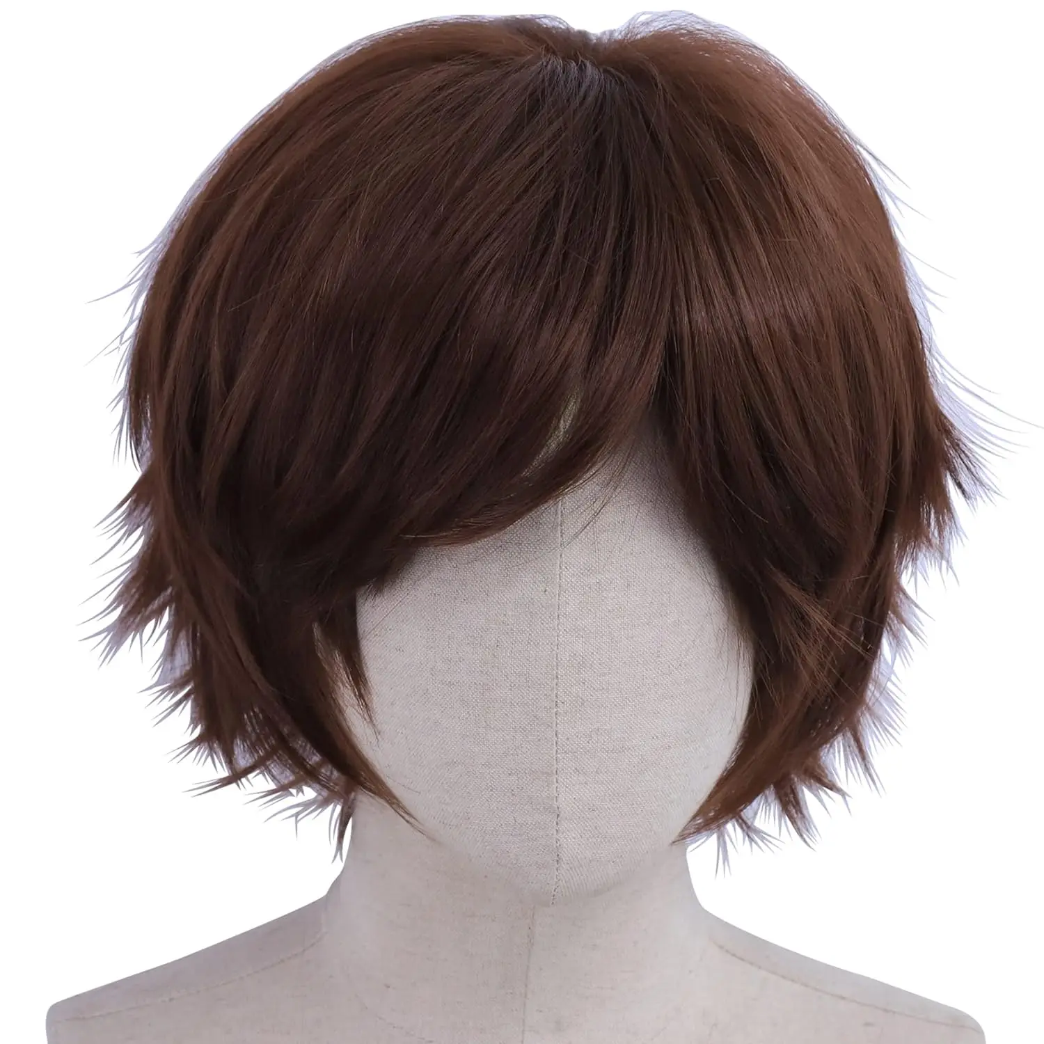 Anime Con Party Costume Short Layered Brown Cosplay Wig for Men/Women Heat Resistant Synthetic Wigs