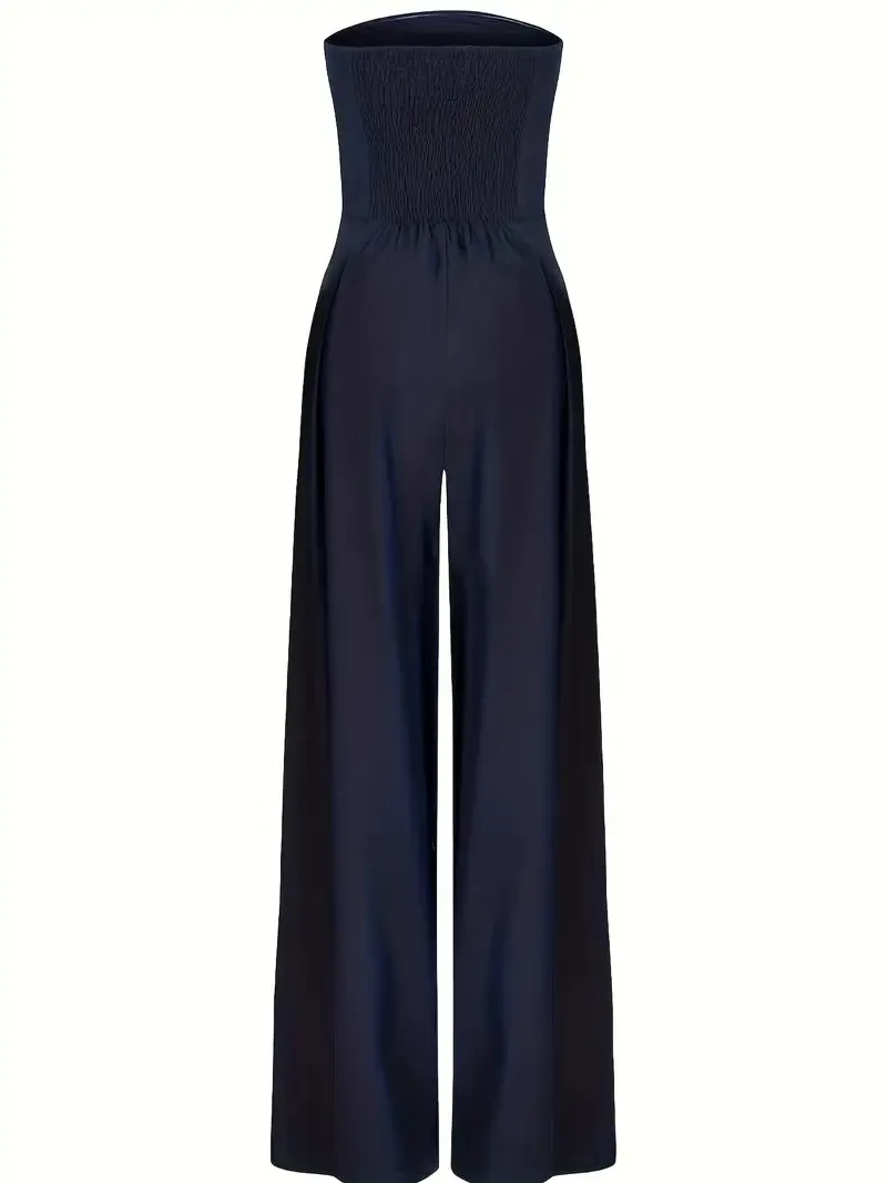 بلوزة نسائية عصرية بدون حمالات بلون سادة مع سراويل طويلة أنيقة وأنيقة واسعة الساق، مناسبة للتنقل والكا