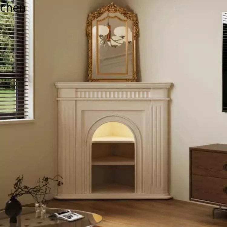 Corner Fireplace Cabinet with Simulated Fire,  Solid Wood Fireplace Frame, Living Room Decorative Storage Cabinet