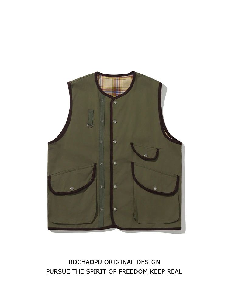 

Double-Sided Wear Plaid round Ne Vest Men's Casual Japanese Sle Workwear oulder Pad ex Trendy Brand Autumn Top