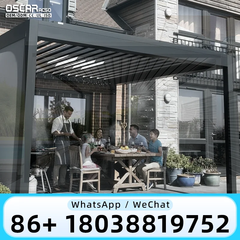 Outdoor Freestanding Motorized Aluminum Louvered Canopy Rolling Curtains Customizable Bioclimatic Shade Structure for Garden Pat