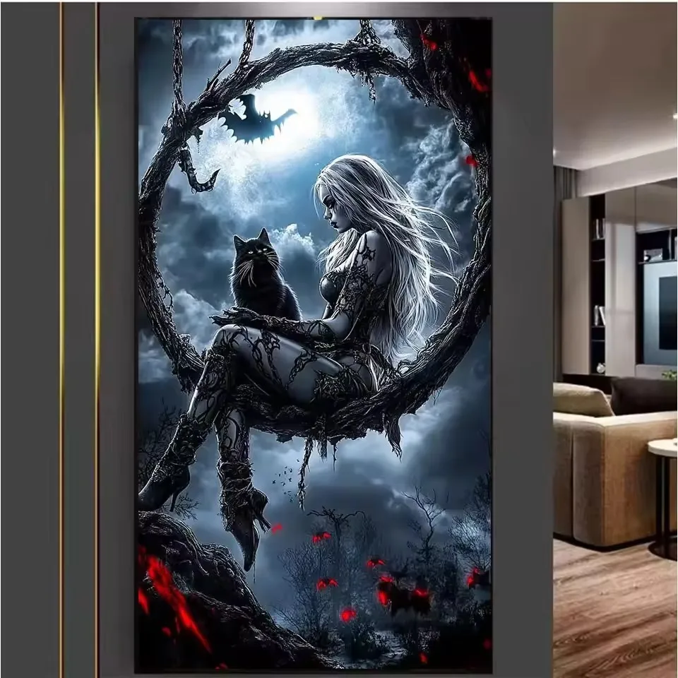 

DIY алмазная живопись квадратный круглый алмаз ведьма и кошка вышивка девушка мозаика горный хрусталь ручная работа вышивка крестиком украшение дома