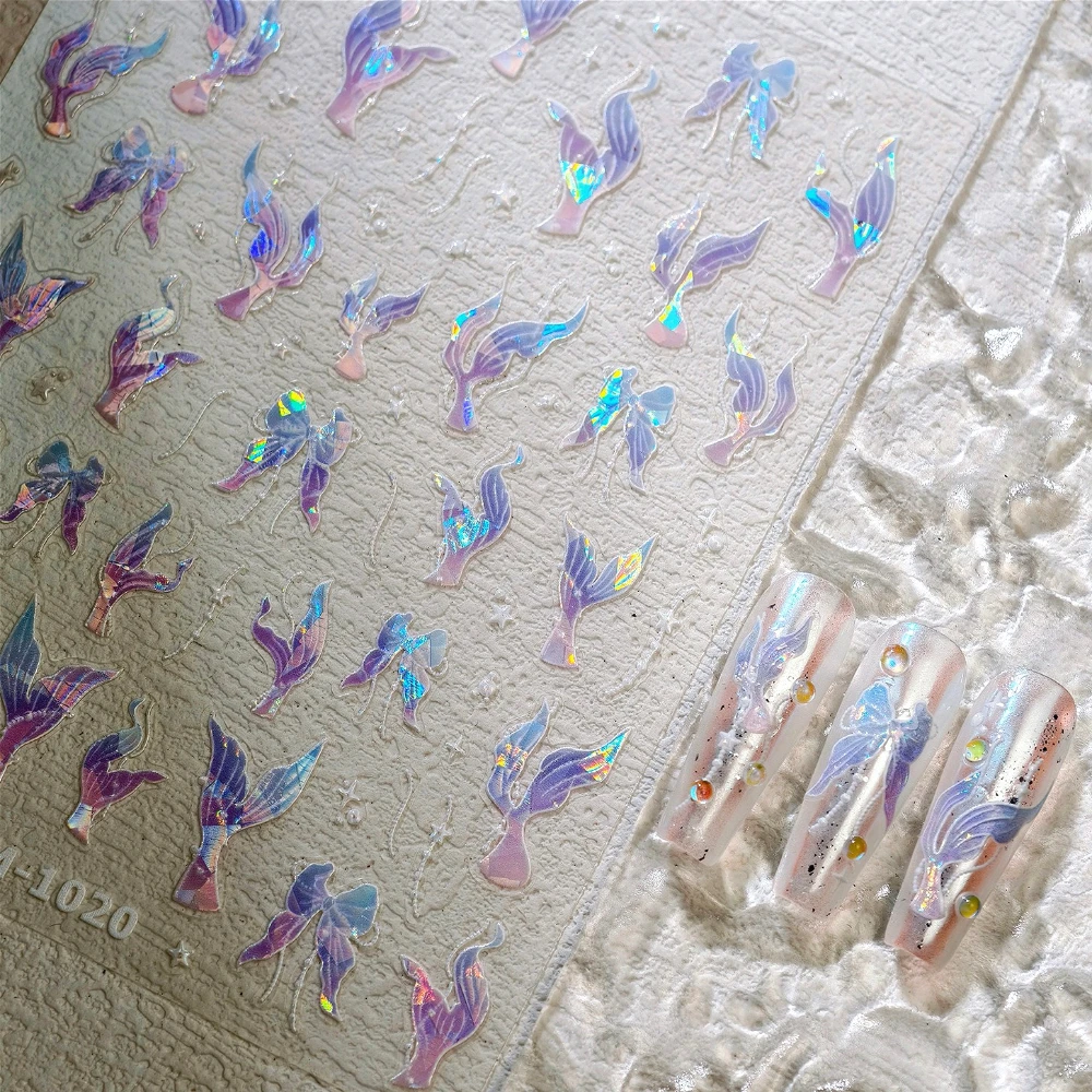

Purple Blue Polarized Illusion Sparkling Mermaid Tail Bowknot Nail Art Sticker Summer Ocean Shell Conch Starfish Manicure Decals