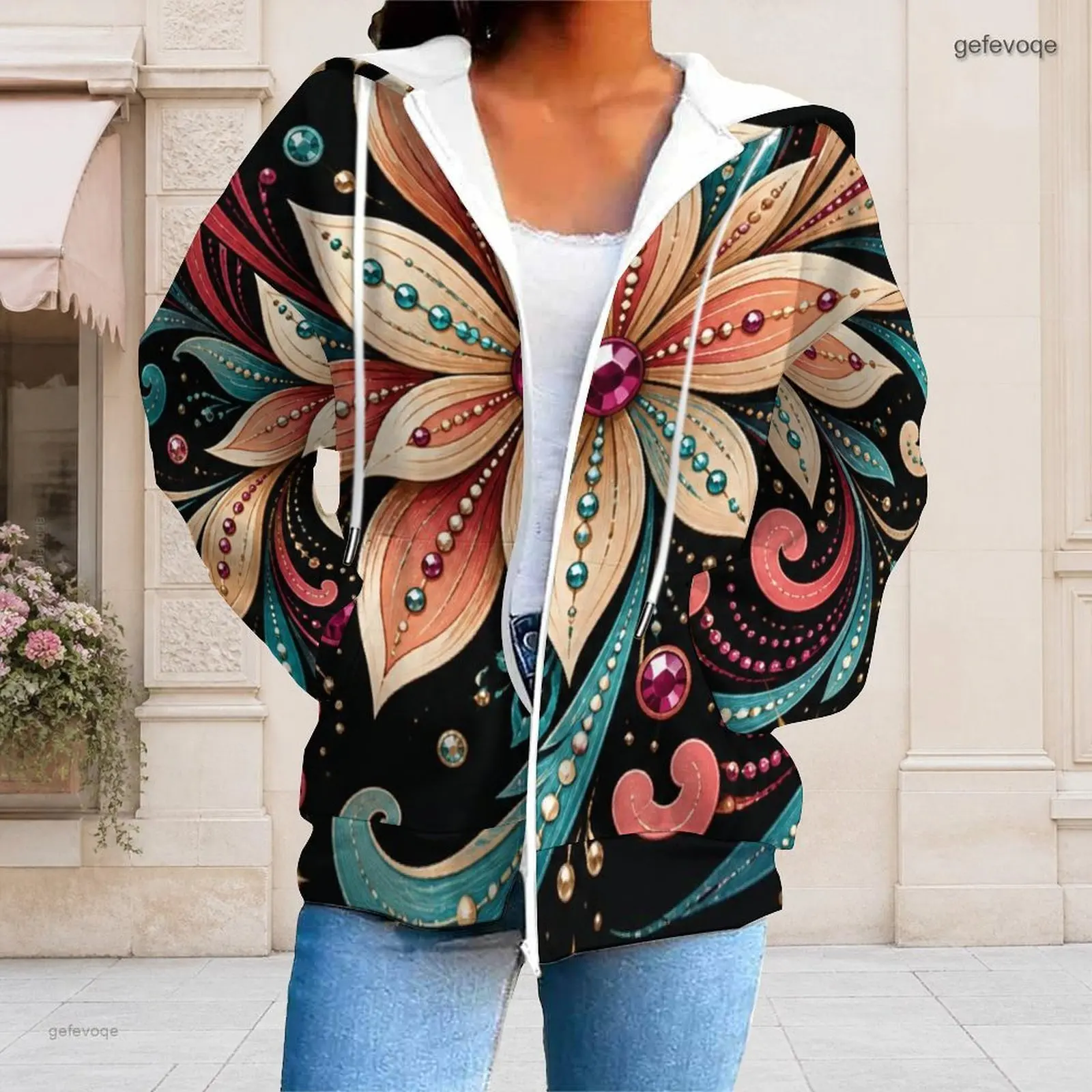 Women Floral Jewel Print Long Sleeve Zip Up Hoodie With Drawstring Hood and Side Pockets