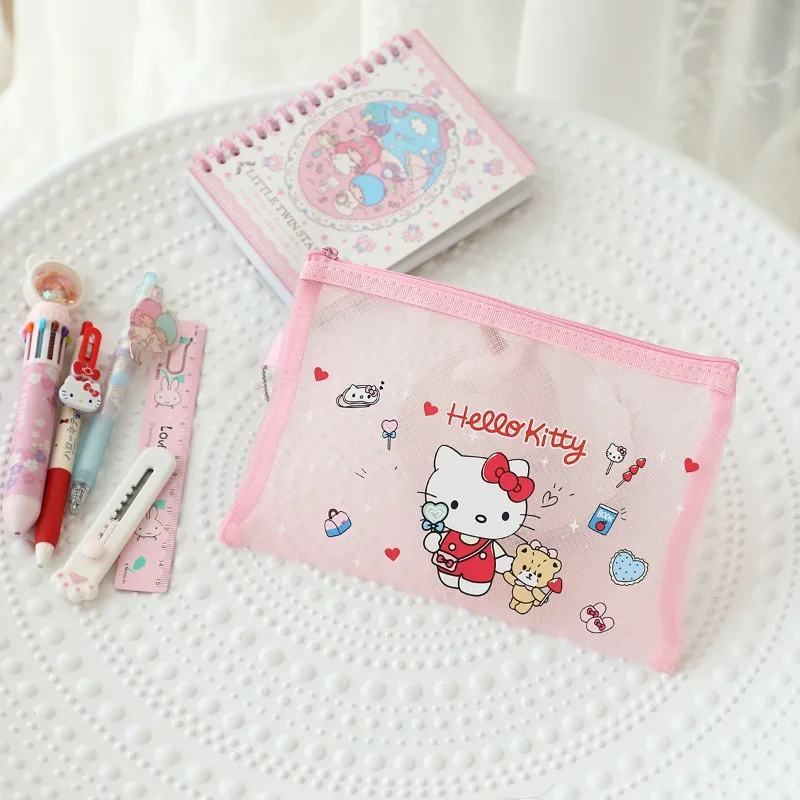 Kawaii Hello Kitty papeterie sac mignon dessin animé maille sac de rangement Transparent bureau décoration étudiant fournitures cadeau en gros