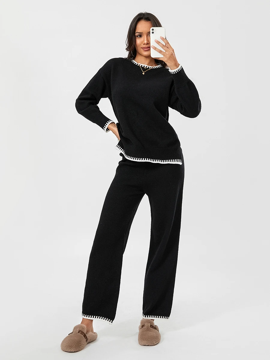 Women s 2 Piece Comfy Knitted Sweater Set Long Sleeve Crew Neck Pullover Top Wide Leg Pants Lounge Set Tracksuit