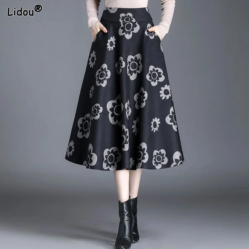 Temperament Printing Midi Skirts Office Lady Women's Clothing 2022 Fashion Casual Korean Spring Summer Thin Intellectual Elegant