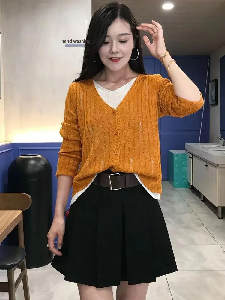 

Корейский свободный крой, женский трикотаж, модный топ Lazy Sle, повседневный топ для поездок на работу, средний тонкий V-Ne Long Sve