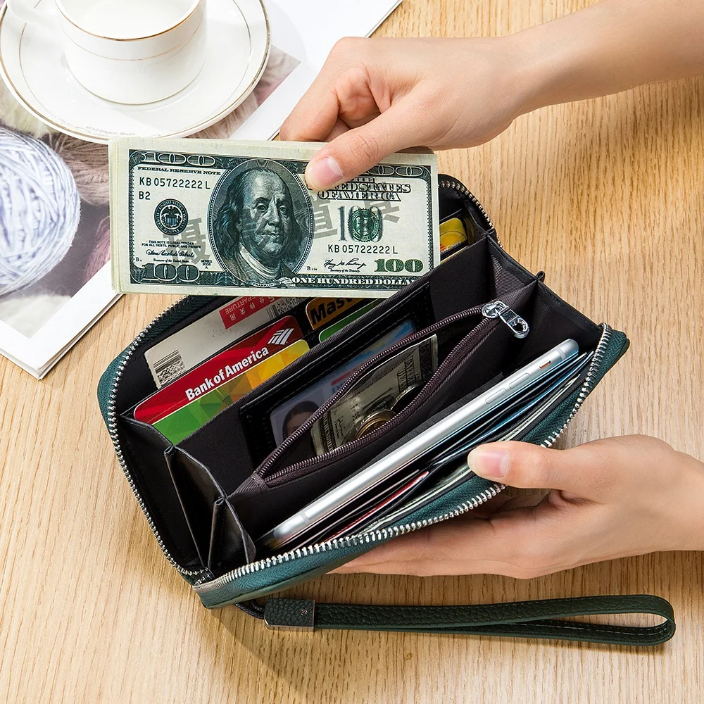 Cartera Larga para Mujer, de Cuero Vac de Primera Capa, con Cierre, Bolso de Mano Simple para Teléfono Móvil, con Bloqueo ...