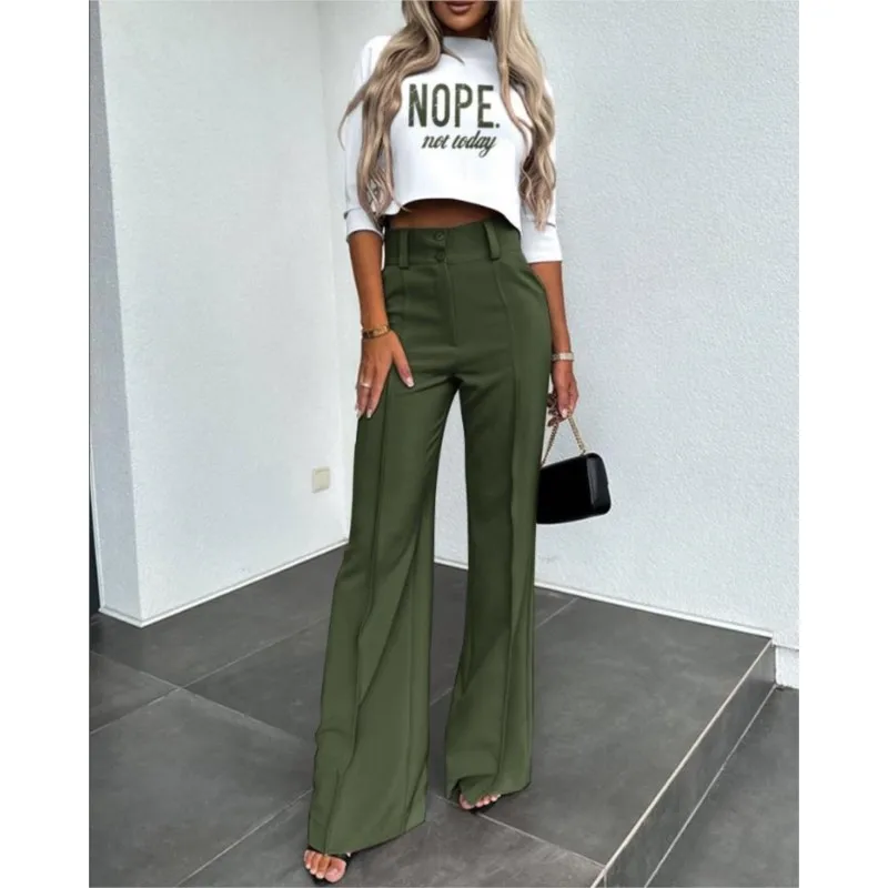 Two Pieces Sets for Women Half Sleeve O Neck Top And Wide Leg Pant Outfits Office Lady Set Casual Streetwear Temperament Suits