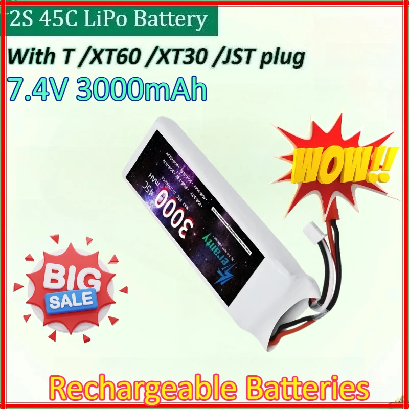 

New 7.4V 3000mAh 2S 45C for RC Quadcopter Helicopter Car Boat Drones Spare Parts Battery with T XT30 XT60 JST plug LiPo Battery
