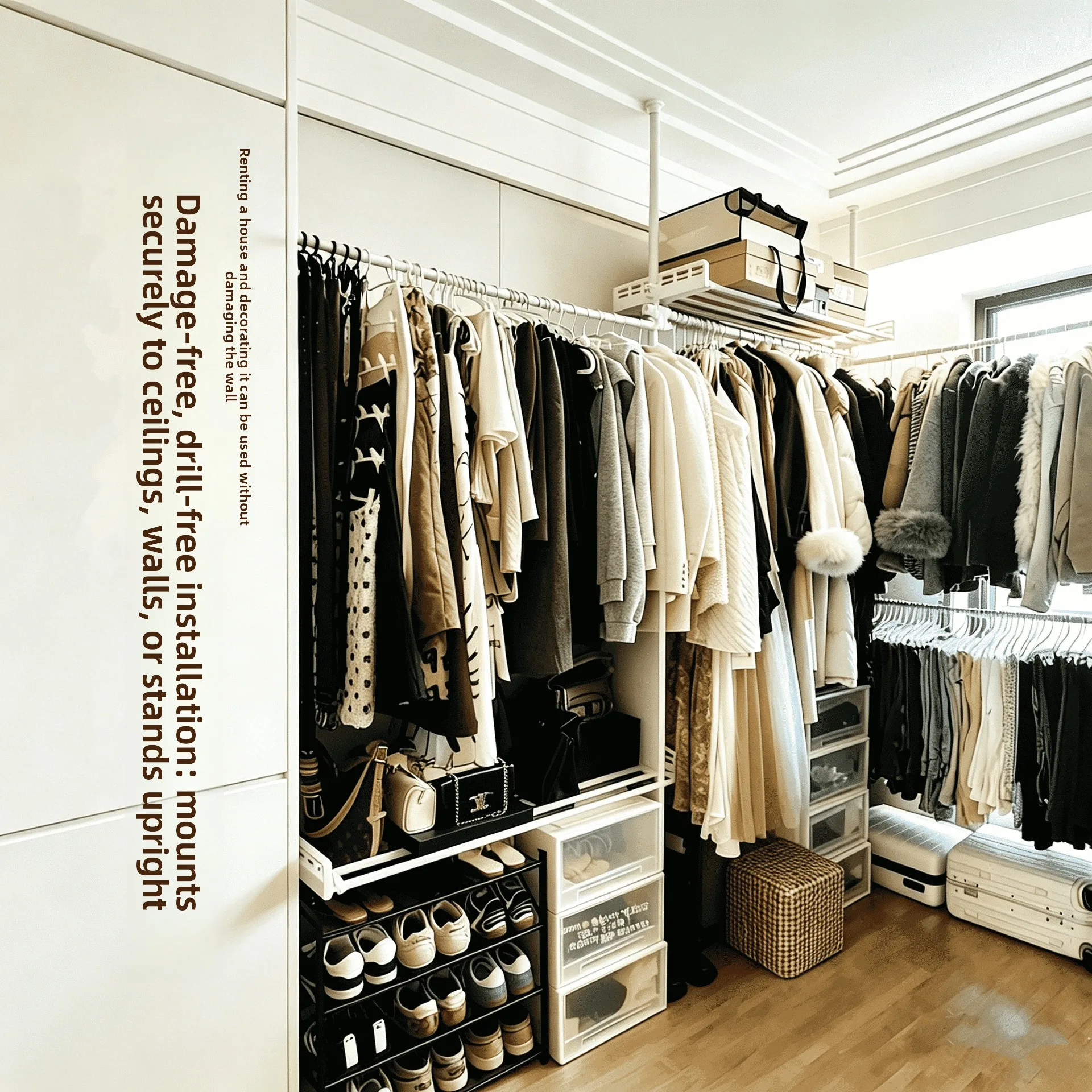 Freestanding Clothes Drying Rack, No-Drill Extendable Balcony Garment Hanger & Drying Rod for Home Use