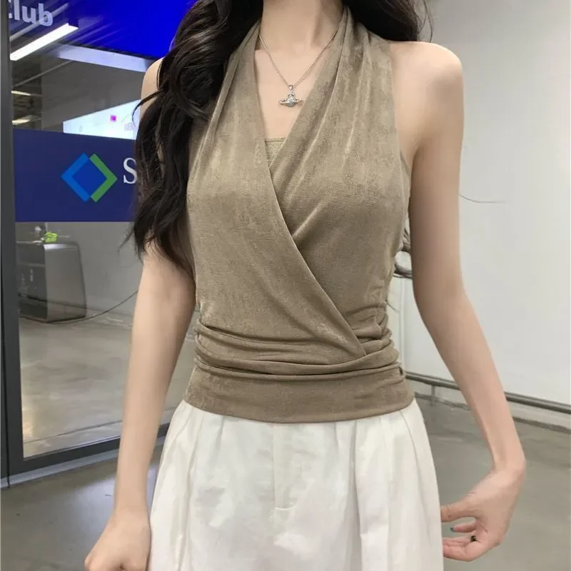 Elegant Women's Sleeveless Halter Neck Top With Asymmetrical Design For Office Wear Summer Style