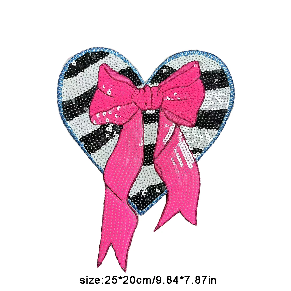 One Piece Embroidery Sequins, Large Iron On Heart-shaped Bow Embroidered Patch, Fashionable Retro DIY Clothing Accessories view 5