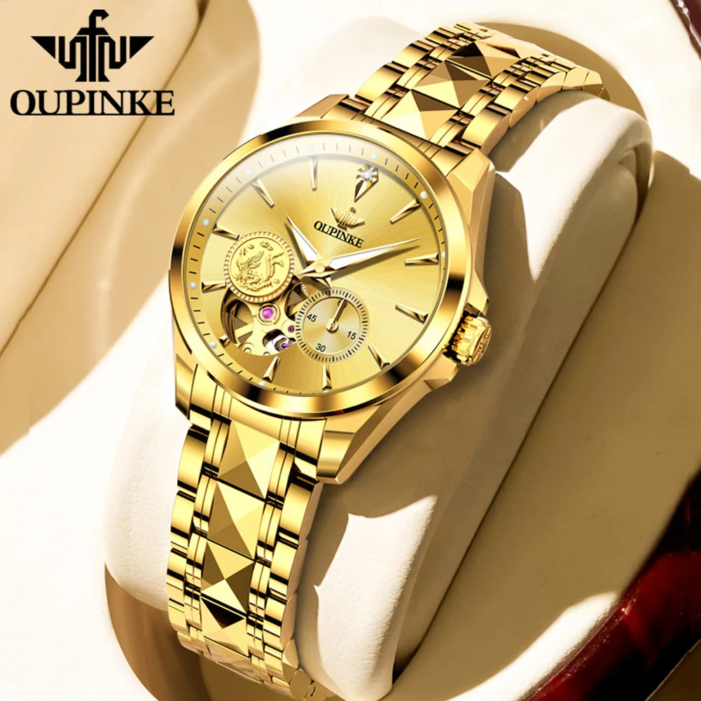 OUPINKE Luxury Brand Automatic Watch for Women Gold Wristwatch Skeleton Tungsten steel Waterproof Lady Bracelet Wristwatch Set