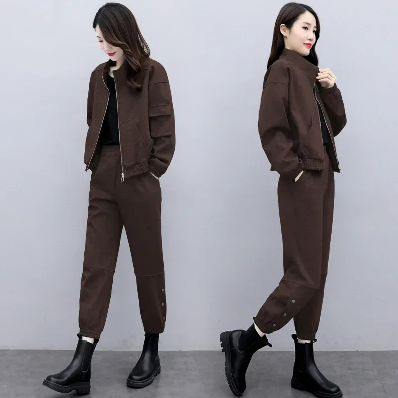 Casual Fashion Cargo Pants Suit Women Autumn Age-reducing Sweatshirts Slimming Matching Stand Collar Jacket 2 Piece Sets Outfits