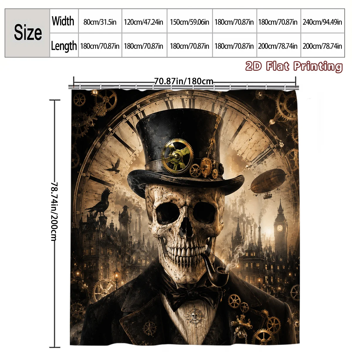Steampunk Skeleton Skull Portrait Clockwork Gear Gothic Bathroom Shower Curtain Wall Art ,Rod Pocket Blackout Curtains Bedroom