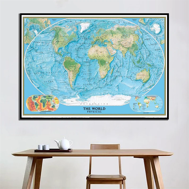 World Physical Map Poster Ocean Floor Tectonic Plate Map for Living Room Dorm School Classroom Study Wall Decor Travel Supplies