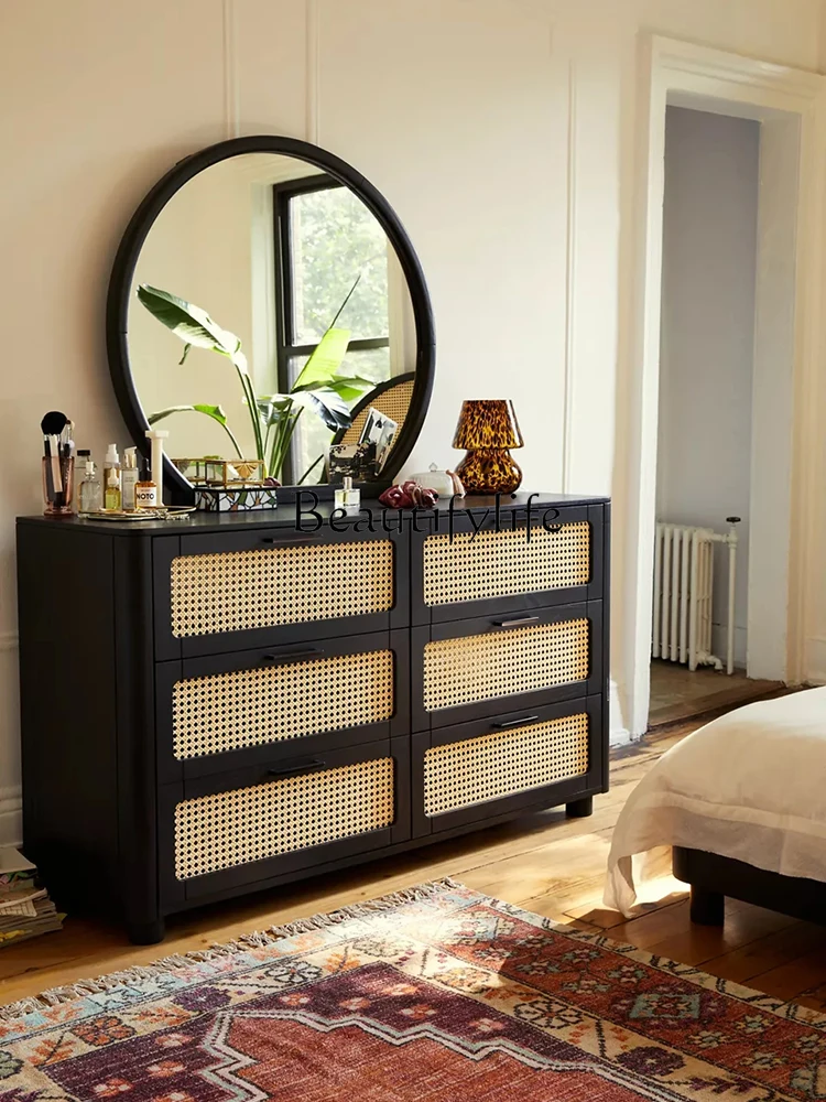 

French Solid Wood Cabinet Vintage Rattan Storage Cabinet Small Apartment Hallway Drawer Storage Cabinet