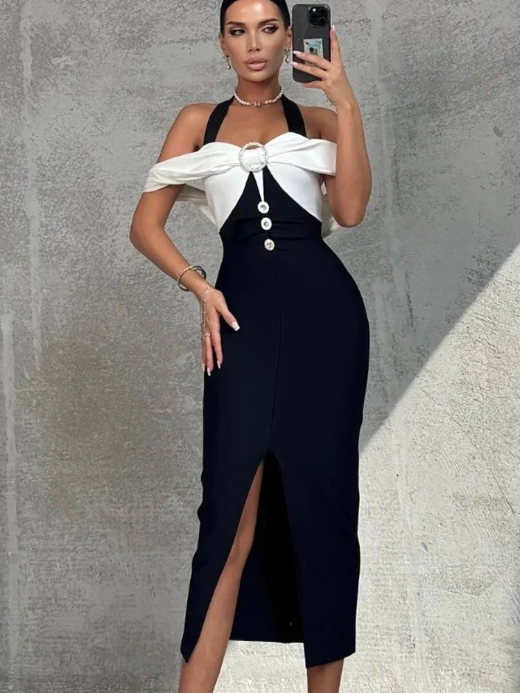 Sexy Halter Neck Off Shoulder Patchwork Diamonds Button Bandage Dress Women Black Bodycon Long Dresses Elegant Evening Party