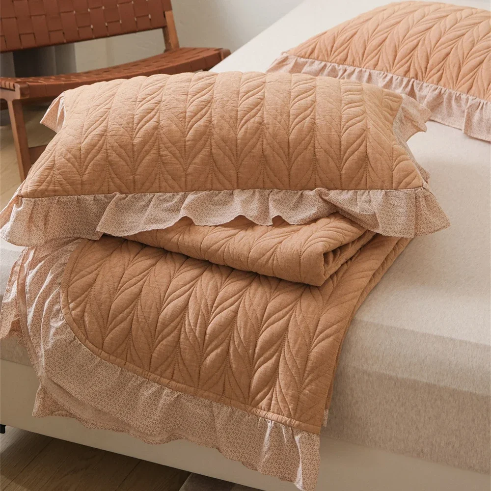 3pcs Pure Cotton Quilted Bed Cover Lace Bedspread Set Double-layer Yarn Blanket Quilt Queen Size Solid Leaf Pattern Bed-linen