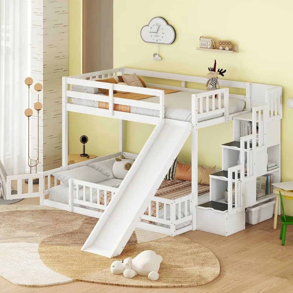 

Twin Over Full Bunk Bed, Pine Wood Bunkbed Frame with Slide and Storage Staircase for Bedroom Minimalist Aesthetic Children Beds