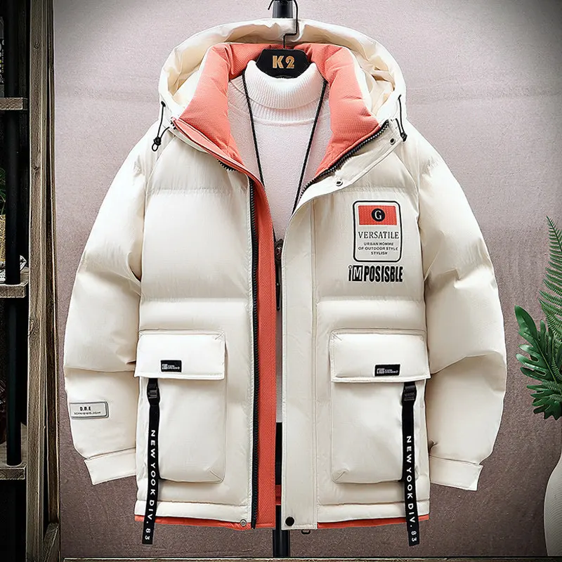 

Высококачественная зимняя куртка для подростков из хлопка, новая, теплая, повседневная, с цветными блоками, модная, мужская, с наполнителем из полиэфирного волокна, с капюшоном, короткое пальто