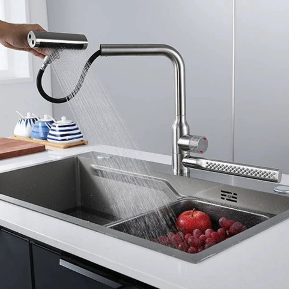 

Waterfall 304 Stainless Steel Kitchen Sink Faucet ,Brushed Grey Color,Three Model Water Out, Hose Pull Down , Ceramic Valve Core