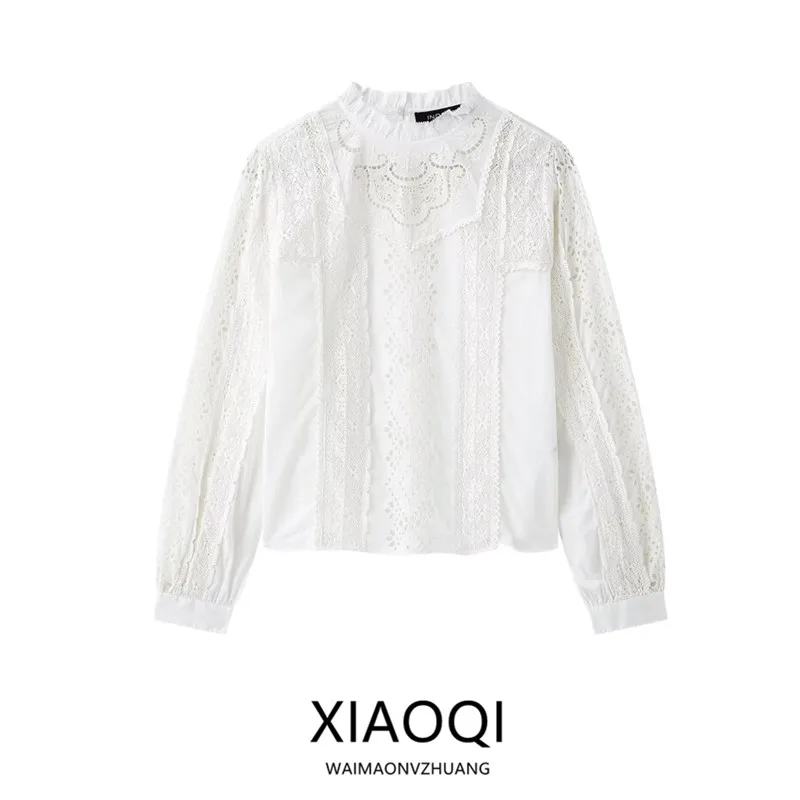 

Romantic round Ne Cotton Weave Embroidery irt Spring New Arrival Women's Faion Versatile Long Sve Loose Fit irt