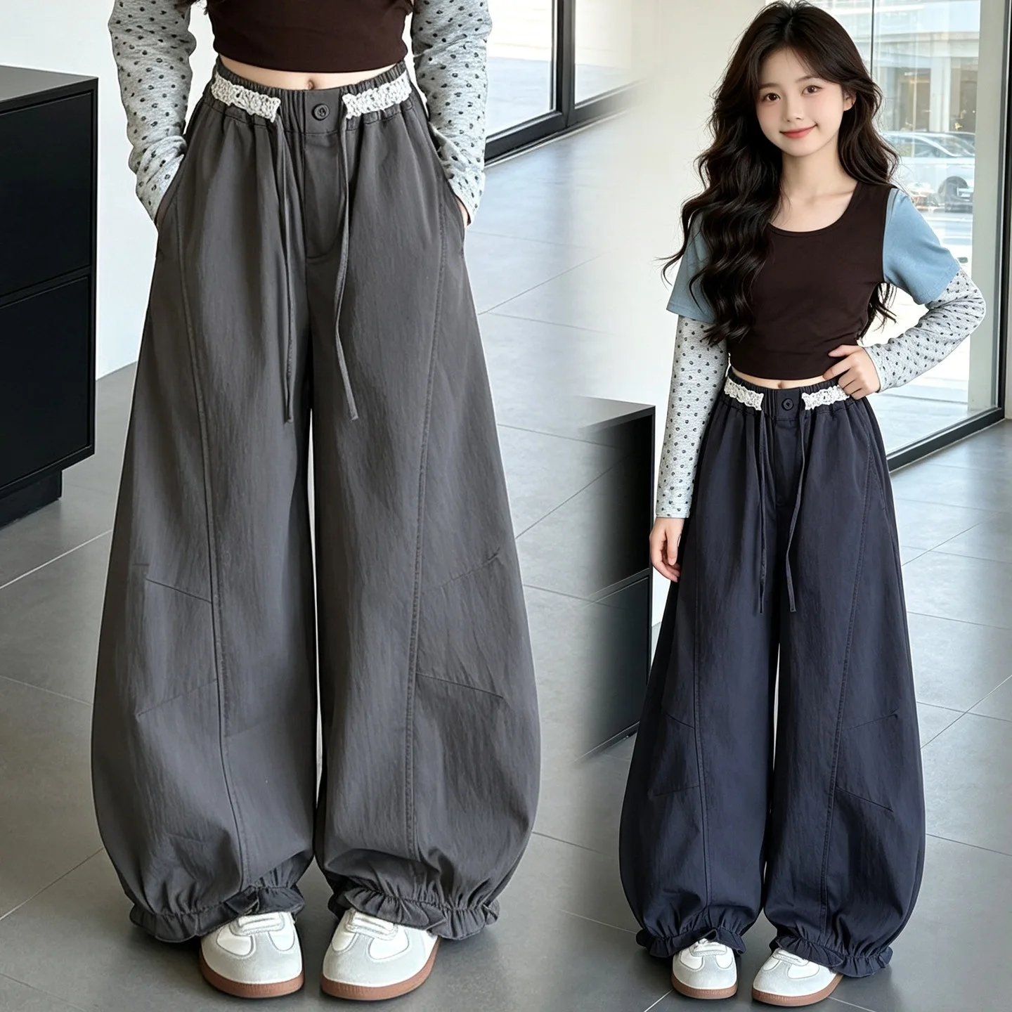Girls Knitted Sport Curved Pants Kids Waist Elastic Bud Trousers Spring Autumn Child Fashion Color Block Knit Sweatpant