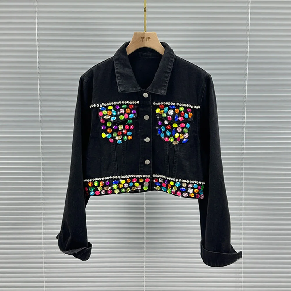 Vintage Black Denim Jacket Colorful Rhinestone Design Color Block Long Sleeve Jacket Women's Fashion Color Block Denim Outerwear