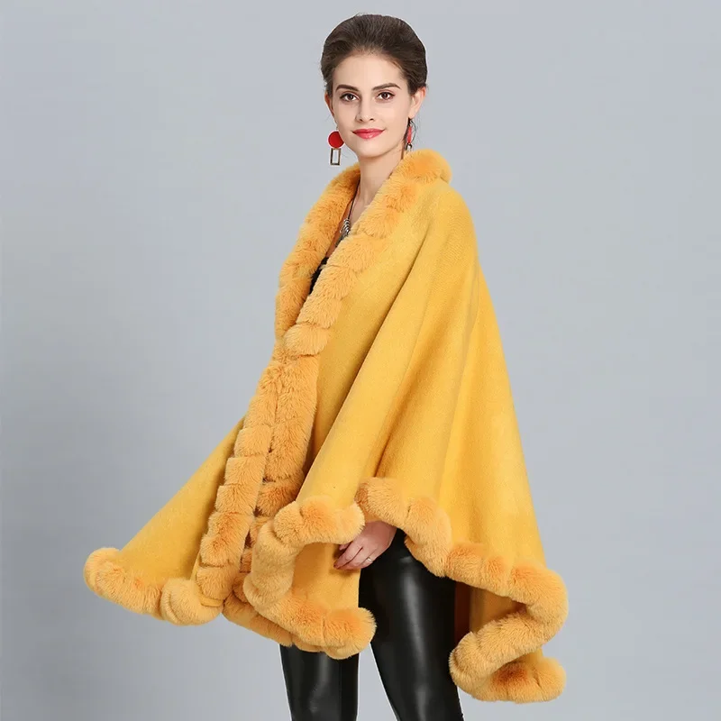 16 Colors Winter Warm Thick Big Pendulum Out Streetwear Loose Long Cloak Knitted Poncho Coat Women String Faux Fur Collar Cape