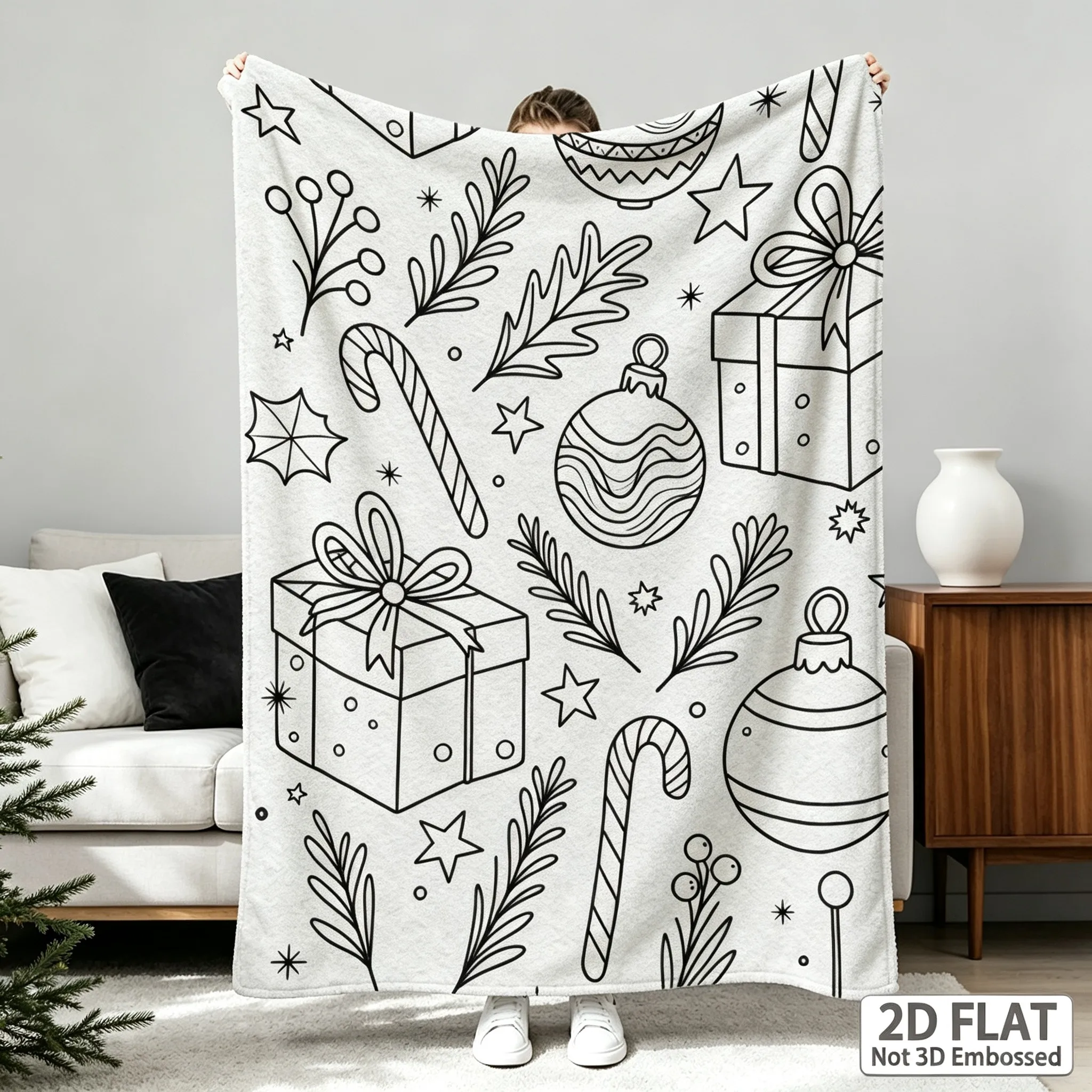 1pc 2D Flat Hand‑Drawn Healing Christmas Coloring Throw Blanket, Festive Printed Portable Nap Blanket for Home, Office