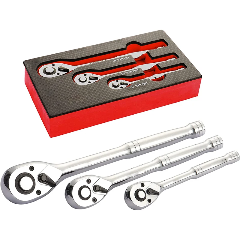 

72-Tooth 1/4" 3/8" 1/2" Ratchet Drive Wrench Set Reversible Quick-Release Ratchets Socket Wrenches