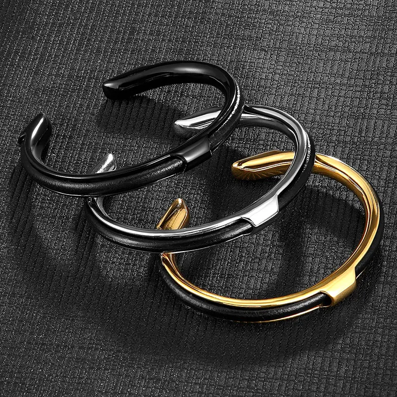 MKENDN Punk Vintage Black Gold Silver Color Leather Cuff Bangles Stainless Steel Bracelets Bangles for Men Gift