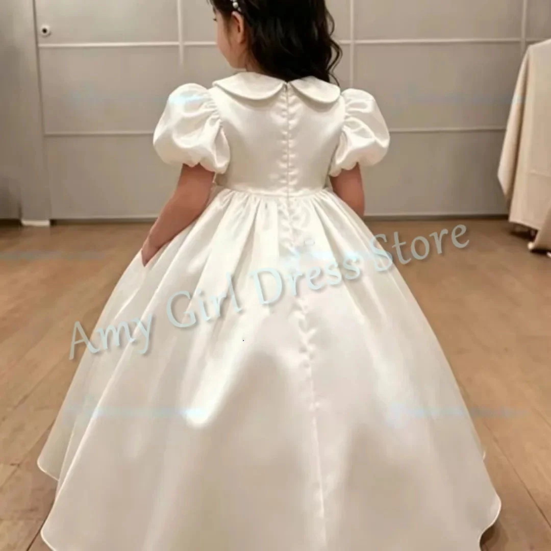 Elegant Satin Flower Girl Dress For Wedding Short Sleeves Floor Length First Communion Banquet Formal Events Gown Customized