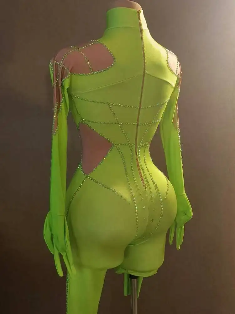 Błyszczące kombinezon stras rękawiczki z długim rękawem seksowny elastyczny strój impreza w klubie nocnym piosenkarz tancerki na występ kostium