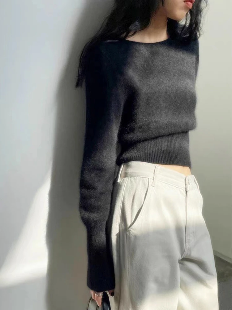 سترة كشمير نقية 100% قميص محبوك قاع المرأة الجديدة الخريف والشتاء سترة قصيرة عالية الخصر