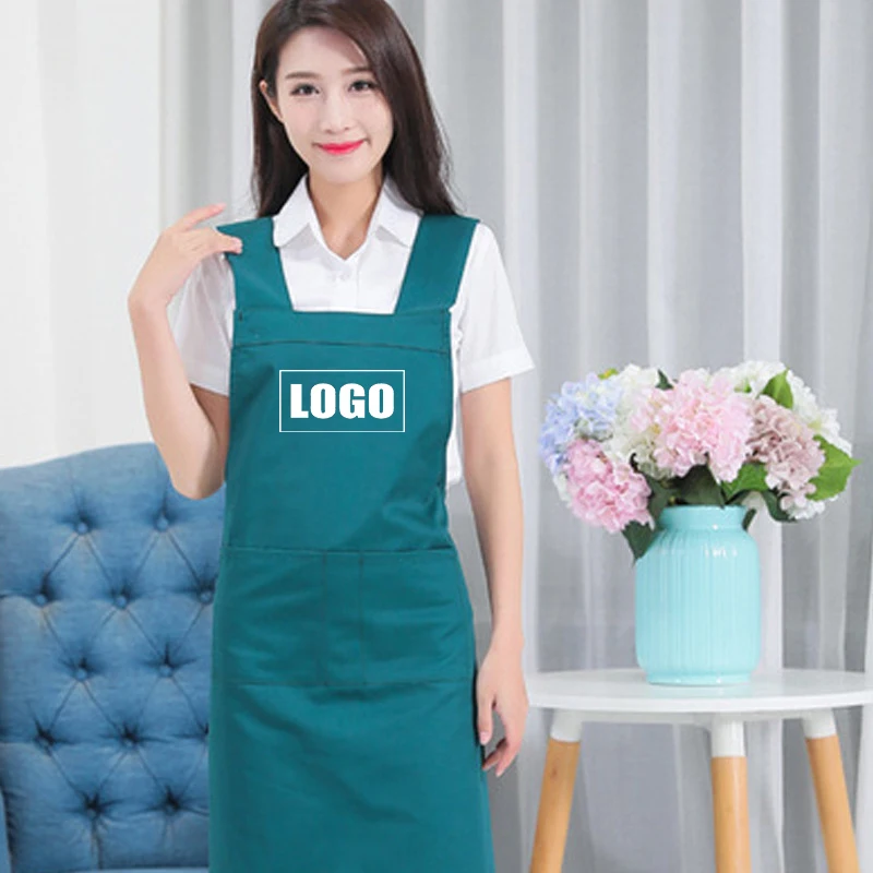 

Embroidery Logo Cotton Kitchen Apron Beauty Nail Salon Milk Tea Coffee Shop Attendant Work Accessories Color Uniform Woman Apron