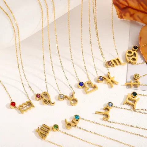 CARLIDANA Gold Plated Stainless Steel Zircon 12 Horoscope Constellations Birthstone Stainless Steel Zodiac Sign Necklace