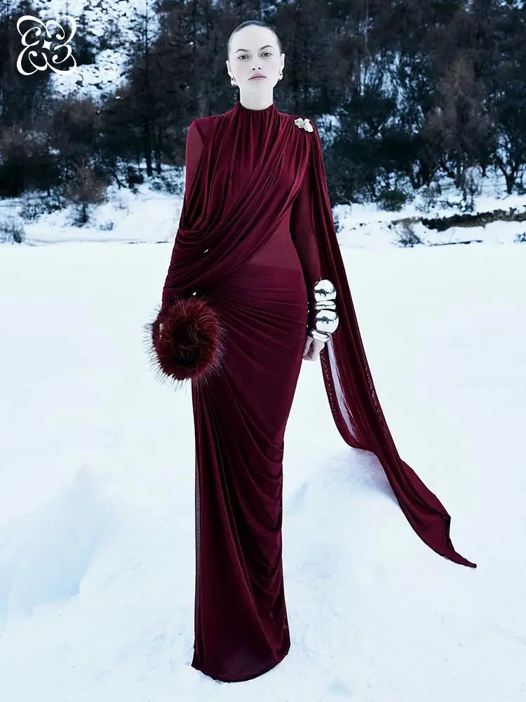

Burgundy Turtleneck Draped Mesh Evening Dress for Women Long Sleeve Asymmetric Train Maxi Dress Elegant Ruched Birthday Dress