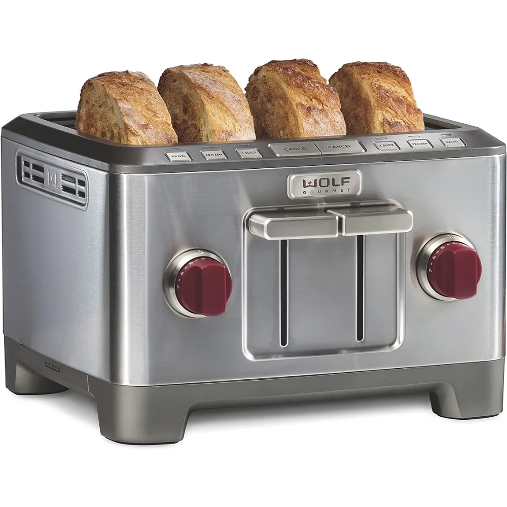 

Wolf Gourmet 4-Slice Extra-Wide Slot Toaster with Shade Selector, Bagel and Defrost Settings, Red Knob, Stainless Steel