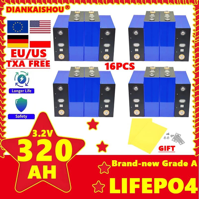 

16 шт. 320 Ач LiFePO4 3,2 В аккумулятор 8000 циклов DIY 12 В 24 В 48 В мотор для дома на колесах солнечная энергия Бытовая система хранения энергии БЕСПЛАТНО TAX