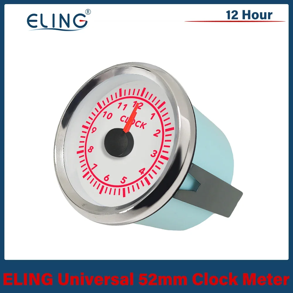 ELING New Universal Waterproof 52mm Clock Meter Gauge 12 Hour Format with Red Backlight 12V 24V for Car Boat Yacht