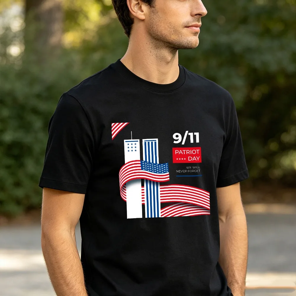 Camiseta con gráfico de la bandera de EE. UU. del Día Patriótico del 11 de septiembre, conmemorativa de las Torres Gemelas, de manga corta